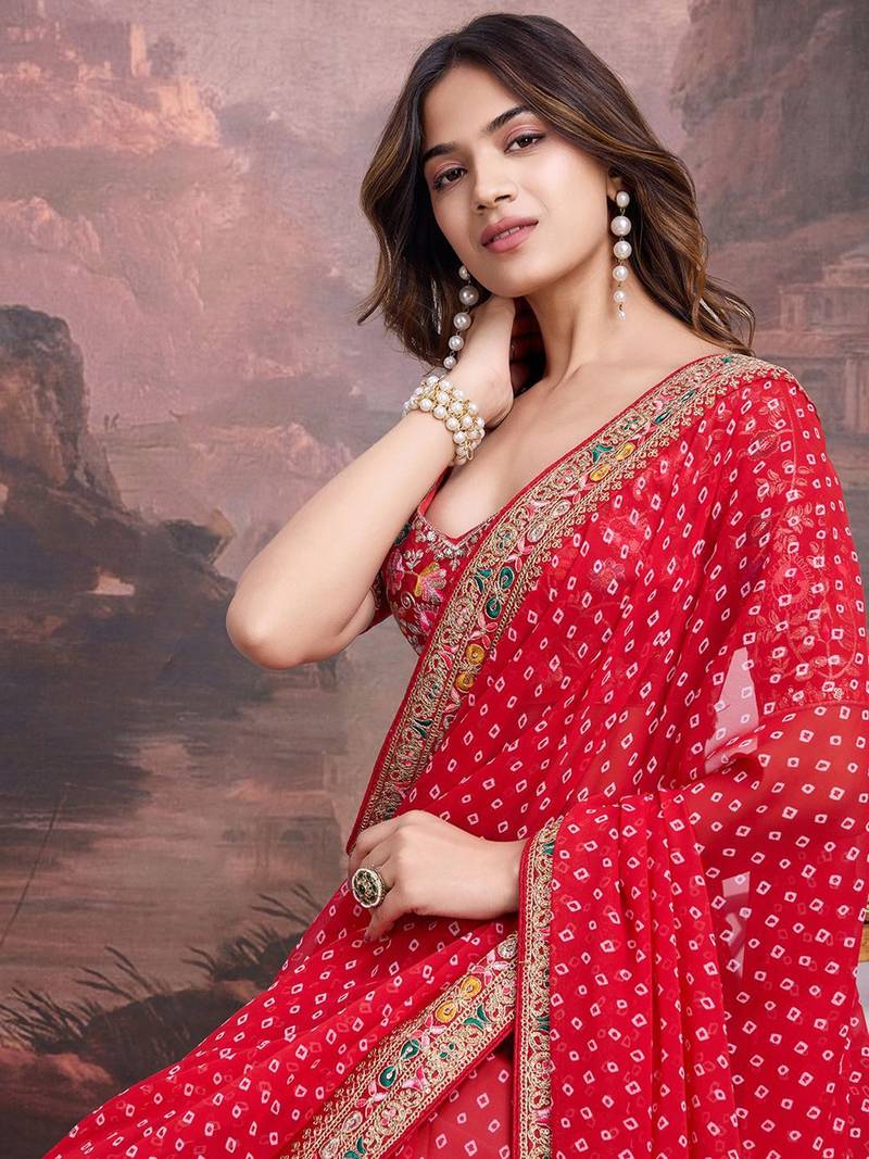 Embroidered Bandhani Saree With Blouse Piece