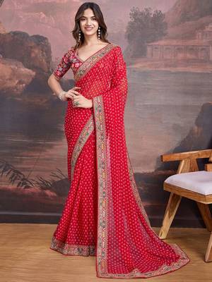 Embroidered Bandhani Saree With Blouse Piece 2