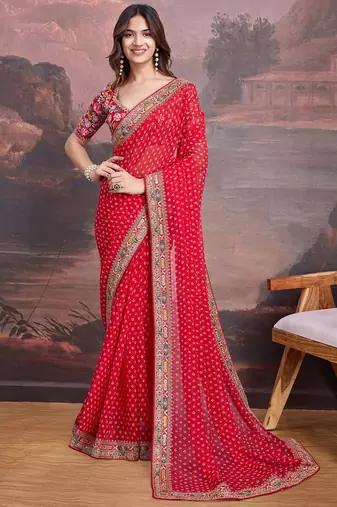 Embroidered Bandhani Saree With Blouse Piece