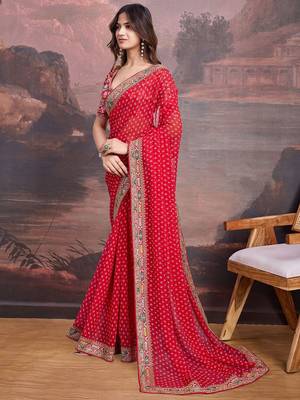 Embroidered Bandhani Saree With Blouse Piece 3