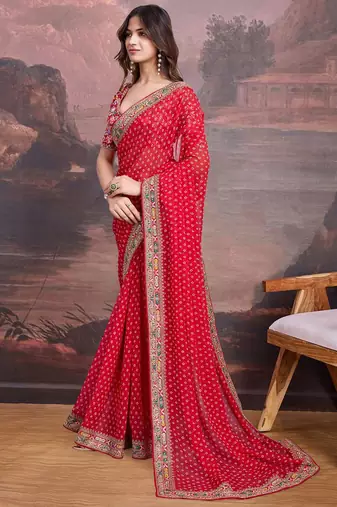 Embroidered Bandhani Saree With Blouse Piece