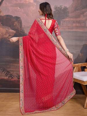 Embroidered Bandhani Saree With Blouse Piece 4