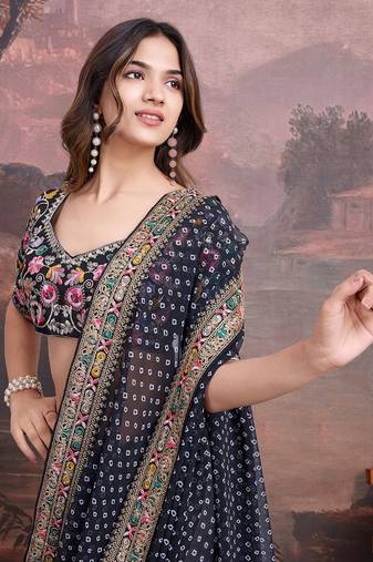 Bandhani Design Embroidered Saree With Blouse Piece
