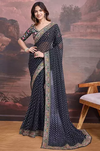 Bandhani Design Embroidered Saree With Blouse Piece