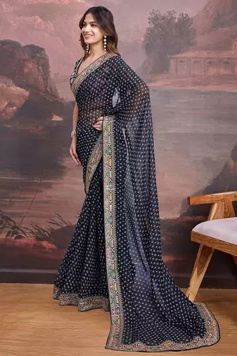 Bandhani Design Embroidered Saree With Blouse Piece