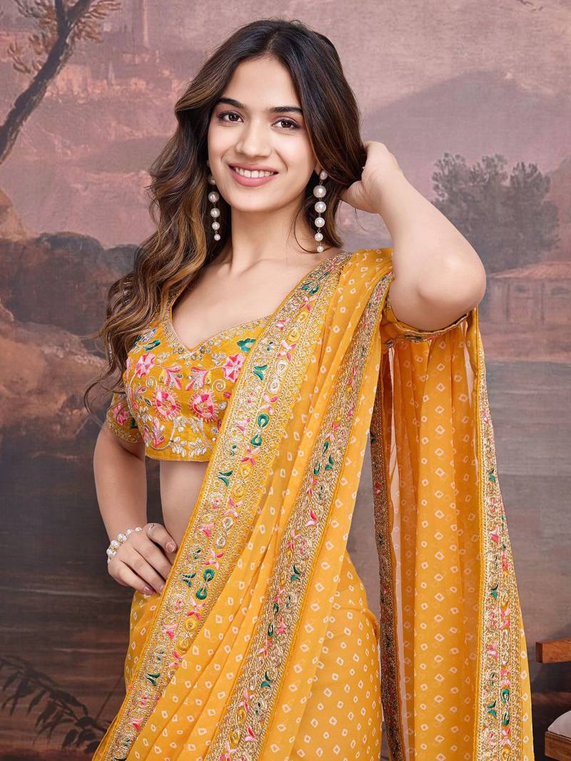 Bandhani Design Embroidered Saree With Blouse Piece