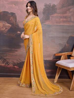 Bandhani Design Embroidered Saree With Blouse Piece 3