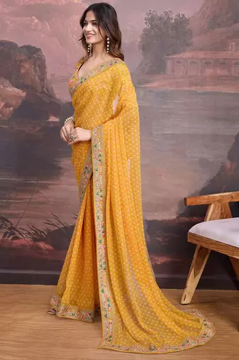 Bandhani Design Embroidered Saree With Blouse Piece