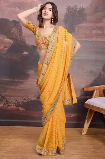 Bandhani Design Embroidered Saree With Blouse Piece
