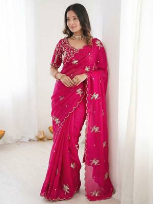 Ethnic Motif Embroidered Satin Heavy Work Saree with Embroidered Unstitched blouse 1