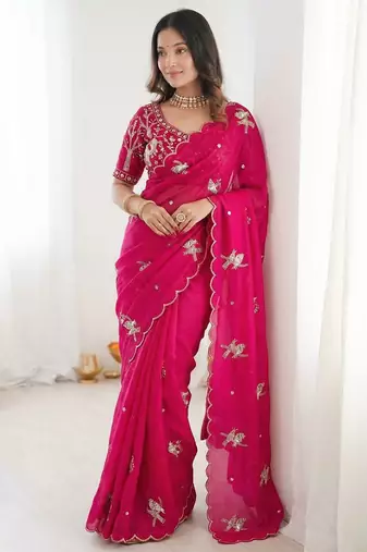 Ethnic Motif Embroidered Satin Heavy Work Saree with Embroidered Unstitched blouse