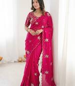 Ethnic Motif Embroidered Satin Heavy Work Saree with Embroidered Unstitched blouse