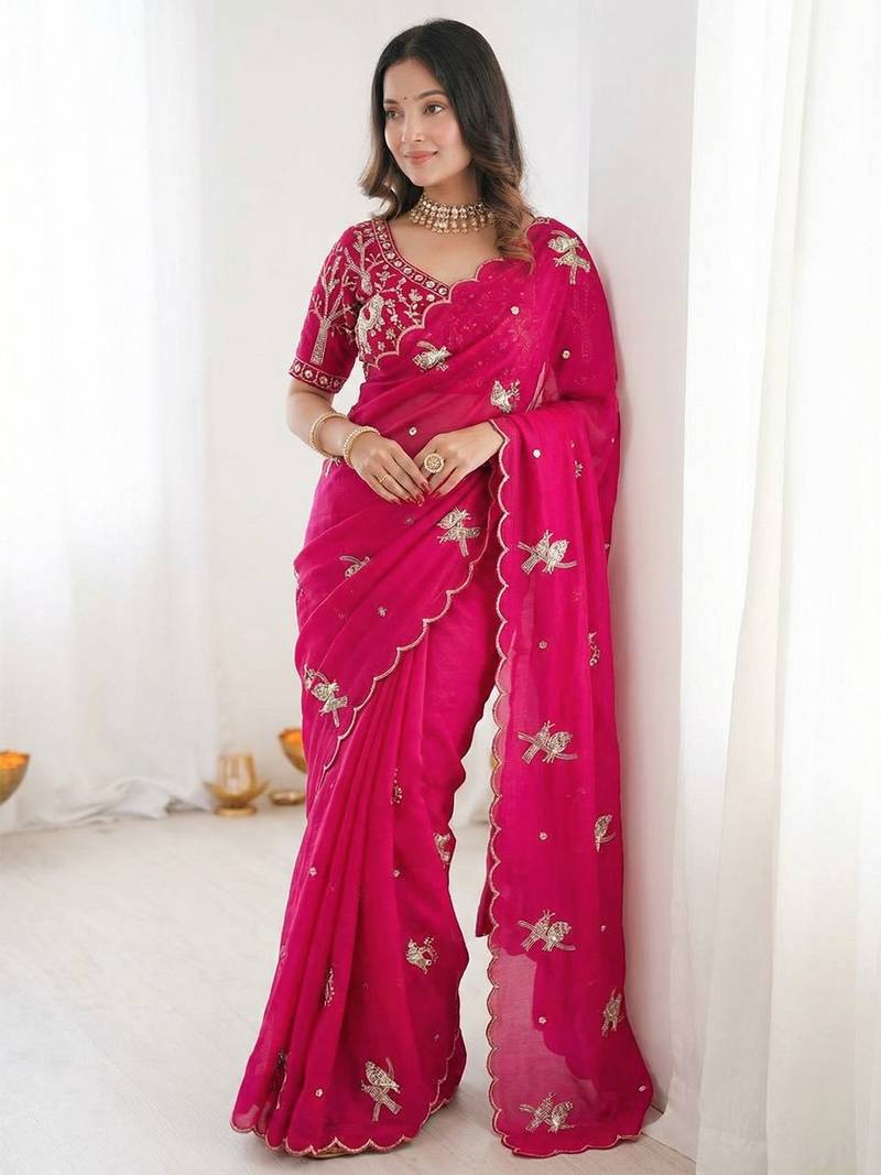 Ethnic Motif Embroidered Satin Heavy Work Saree with Embroidered Unstitched blouse
