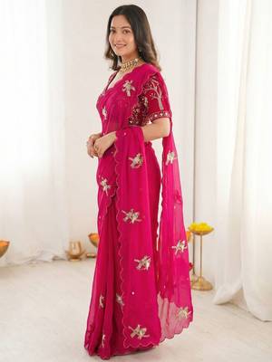Ethnic Motif Embroidered Satin Heavy Work Saree with Embroidered Unstitched blouse 2