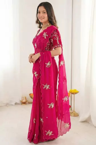 Ethnic Motif Embroidered Satin Heavy Work Saree with Embroidered Unstitched blouse