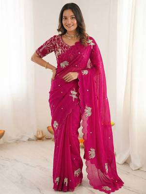 Ethnic Motif Embroidered Satin Heavy Work Saree with Embroidered Unstitched blouse 3
