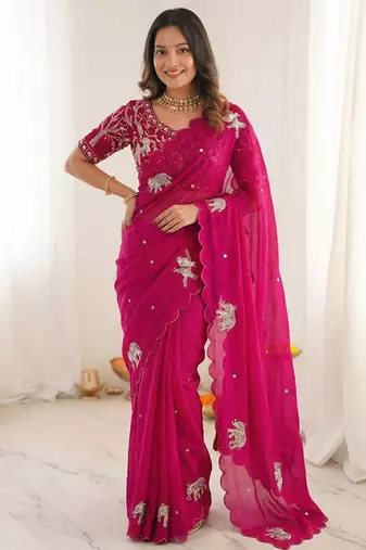 Ethnic Motif Embroidered Satin Heavy Work Saree with Embroidered Unstitched blouse