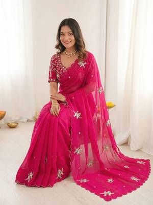Ethnic Motif Embroidered Satin Heavy Work Saree with Embroidered Unstitched blouse 4