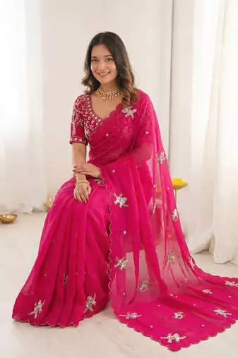 Ethnic Motif Embroidered Satin Heavy Work Saree with Embroidered Unstitched blouse