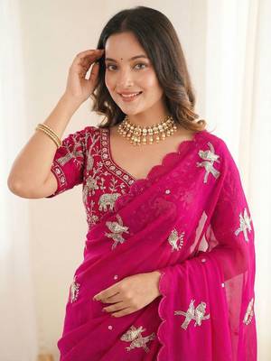 Ethnic Motif Embroidered Satin Heavy Work Saree with Embroidered Unstitched blouse 5