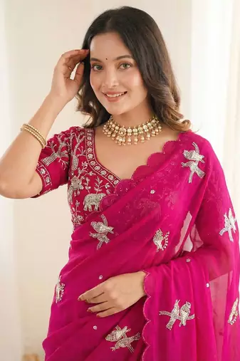 Ethnic Motif Embroidered Satin Heavy Work Saree with Embroidered Unstitched blouse