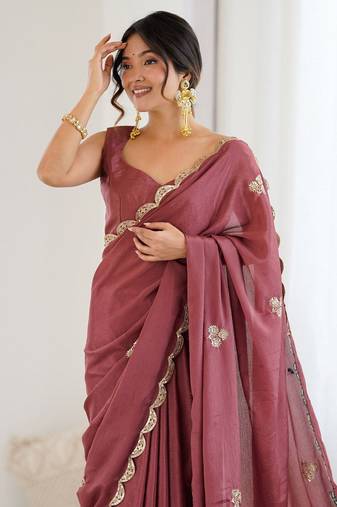 Embellished Party Wear Pure Chiffon Heavy Work Saree with Matching Blouse