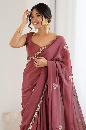 Embellished Party Wear Pure Chiffon Heavy Work Saree with Matching Blouse