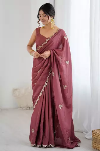 Embellished Party Wear Pure Chiffon Heavy Work Saree with Matching Blouse