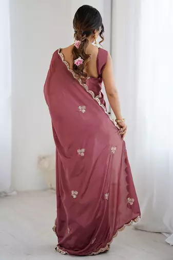 Embellished Party Wear Pure Chiffon Heavy Work Saree with Matching Blouse