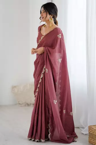 Embellished Party Wear Pure Chiffon Heavy Work Saree with Matching Blouse