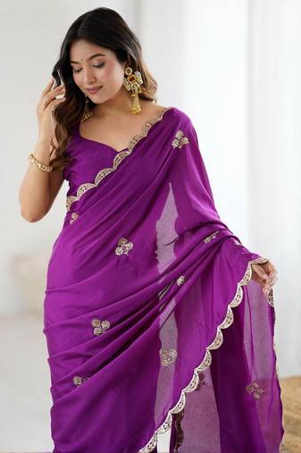 Floral Embellished Sequinned Chiffon Saree with blouse 