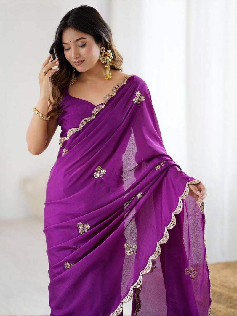 Floral Embellished Sequinned Chiffon Saree with blouse 