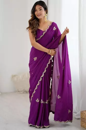 Floral Embellished Sequinned Chiffon Saree with blouse 