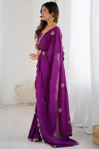 Floral Embellished Sequinned Chiffon Saree with blouse 