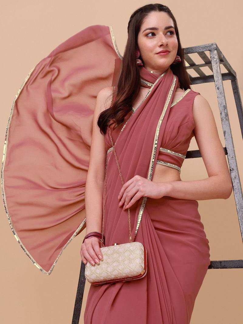 Pink & Gold-Toned Sequinned Saree with blouse