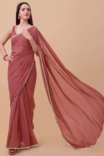 Pink & Gold-Toned Sequinned Saree with blouse