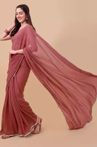 Pink & Gold-Toned Sequinned Saree with blouse