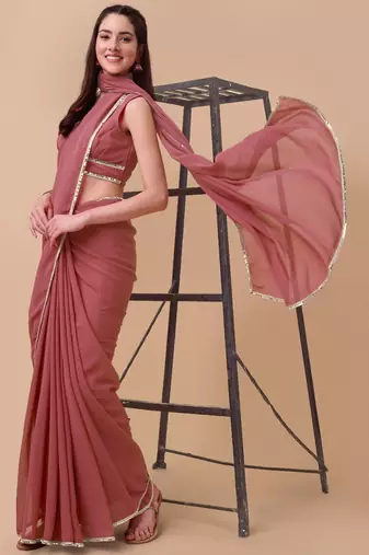 Pink & Gold-Toned Sequinned Saree with blouse