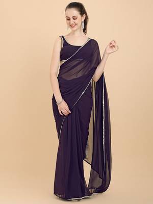 Women Wine Solid Georgette Saree with Blouse Piece 1