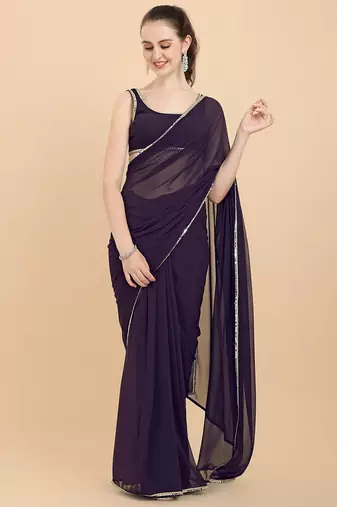 Women Wine Solid Georgette Saree with Blouse Piece