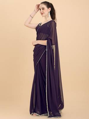 Women Wine Solid Georgette Saree with Blouse Piece 2