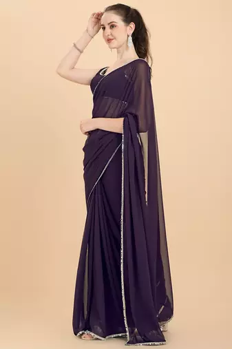 Women Wine Solid Georgette Saree with Blouse Piece