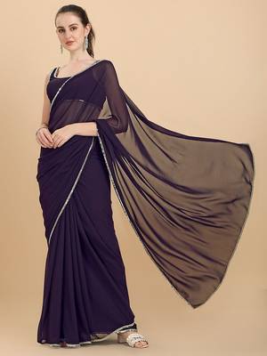 Women Wine Solid Georgette Saree with Blouse Piece 4