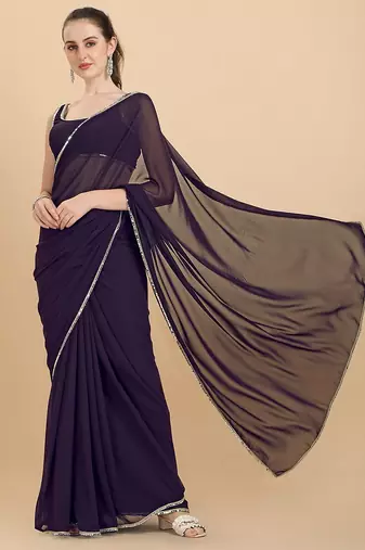 Women Wine Solid Georgette Saree with Blouse Piece