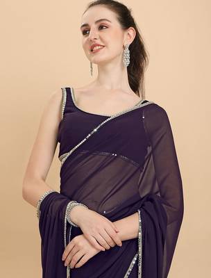 Women Wine Solid Georgette Saree with Blouse Piece 5