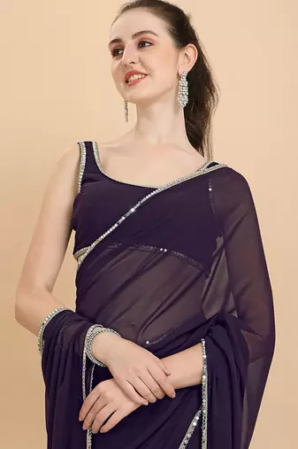 Women Wine Solid Georgette Saree with Blouse Piece