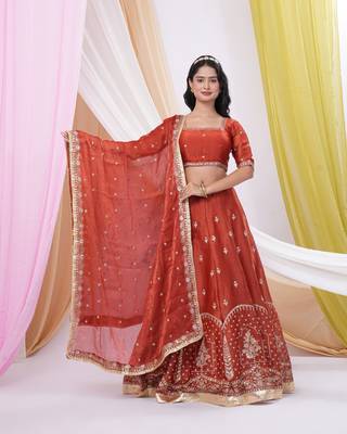Rust Red Art Silk Embroidered & Sequin Lehenga Choli Set with Dupatta  1