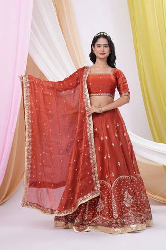 Rust Red Art Silk Embroidered & Sequin Lehenga Choli Set with Dupatta 