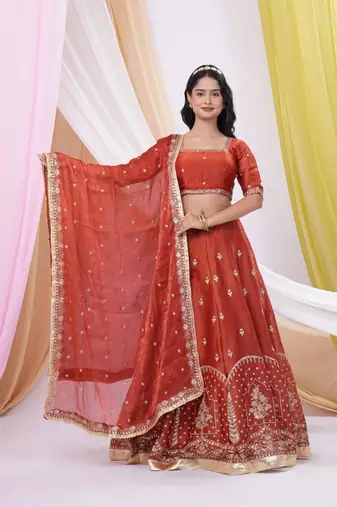 Rust Red Art Silk Embroidered & Sequin Lehenga Choli Set with Dupatta 