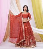 Rust Red Art Silk Embroidered & Sequin Lehenga Choli Set with Dupatta 